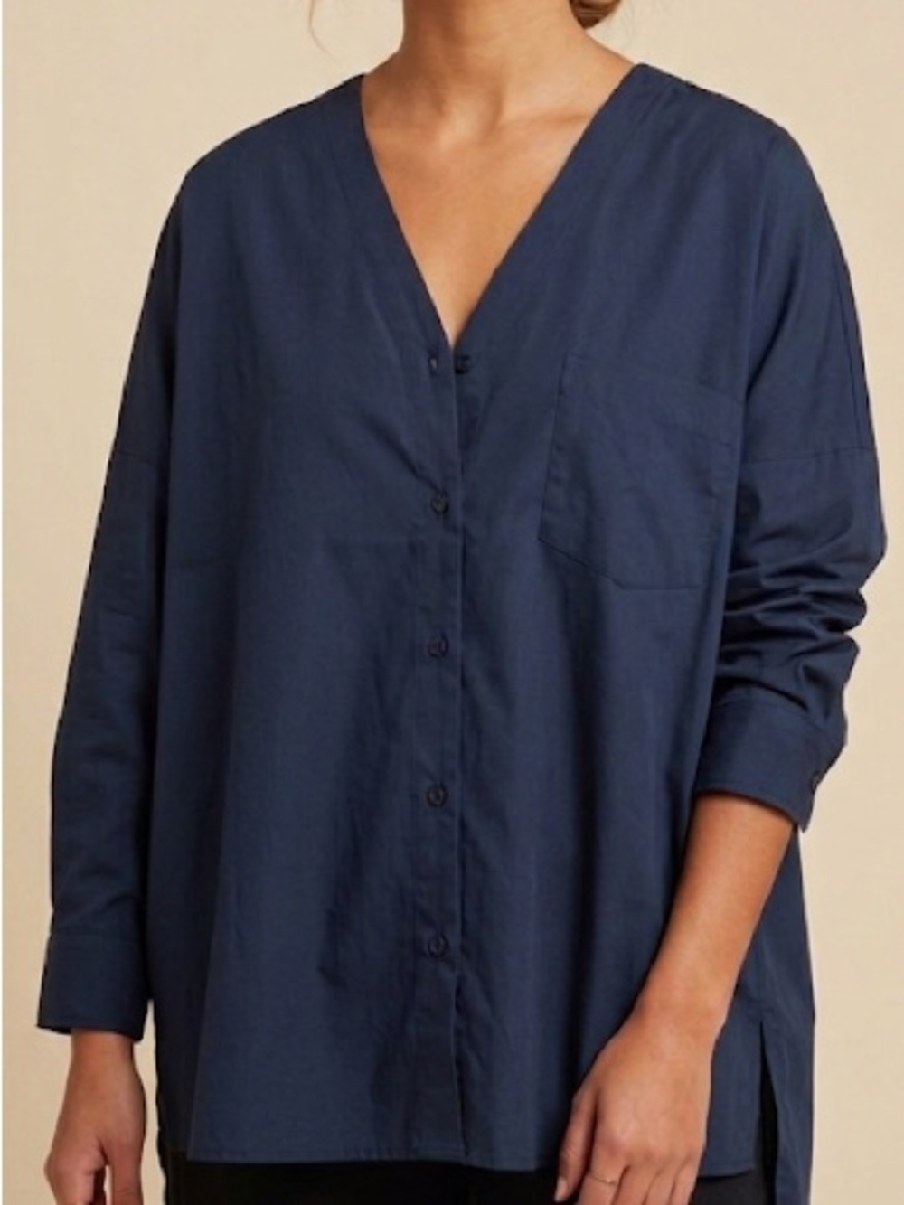 Kit & Ace Button Down Vneck Shirt Size Small Oversized Navy Blue Minimalist